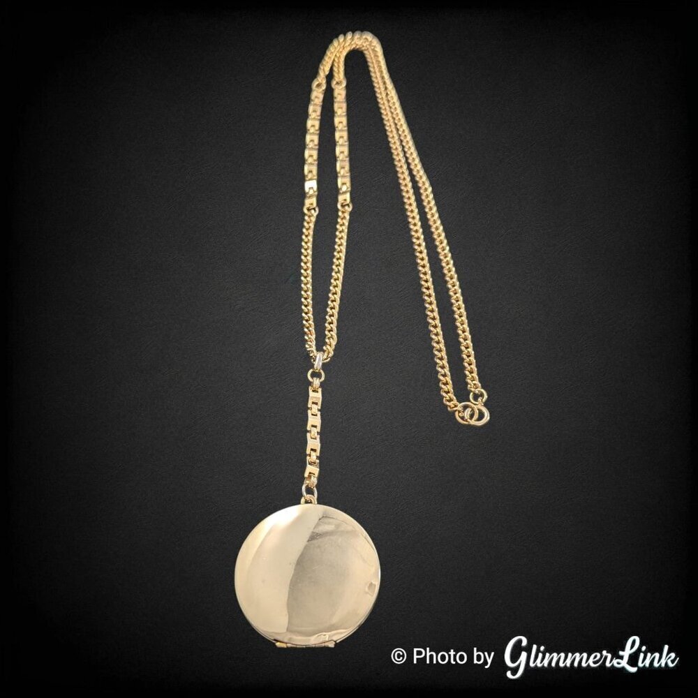 Vintage Gold Tone Engravable Locket Y Drop Necklace Long Locket Chain - Picture 2 of 16